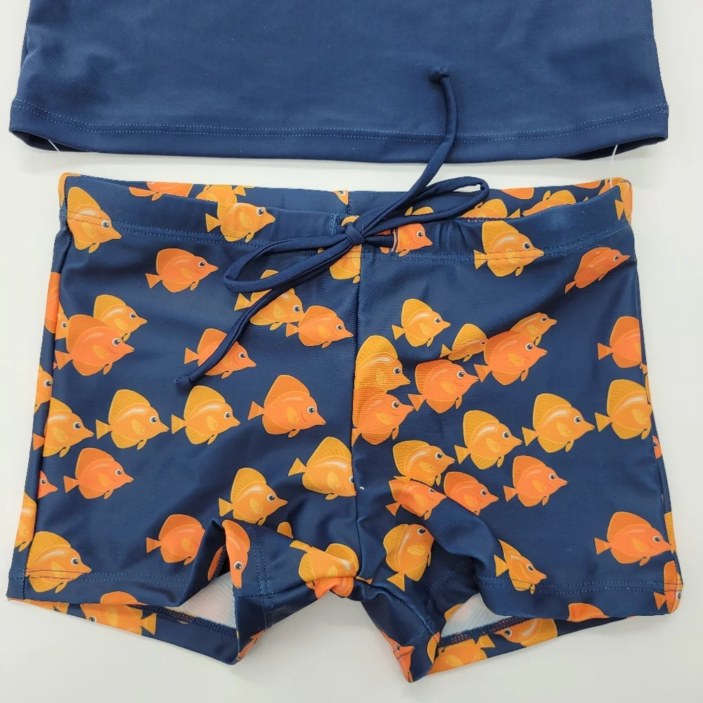 Gottex Kids Swin Set Navy Orange Fish Short Sleeve Shorts Boys Size 5 NEW